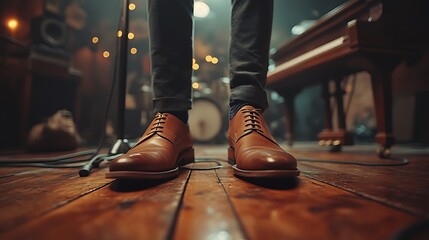 A low-angle view of a musician's elegant loafers on a wooden stage, blurred piano keys and microphone stand in the background, dramatic lighting creating soft reflections, ultra-high detail,