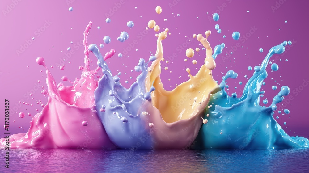 Poster vivid pastel color splashes on glossy surface with a gradient backdrop