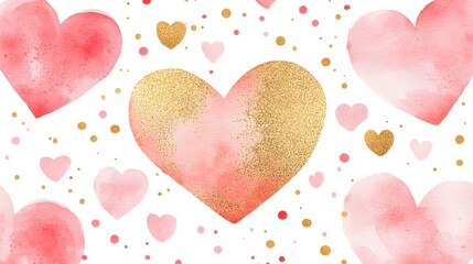 Watercolor Hearts Gold Glitter Festive Design