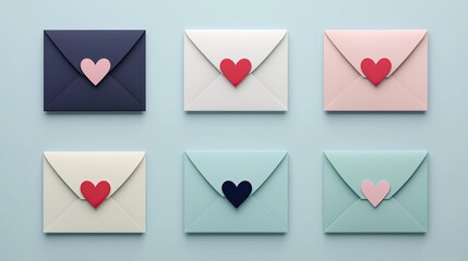 Six colorful envelopes adorned with heart-shaped decorations, arranged neatly on a soft blue background, evoke feelings of love and affection.