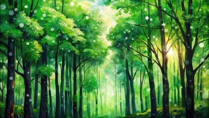 Lush green forest, abstractly painted in acrylics, evokes a serene nature landscape.