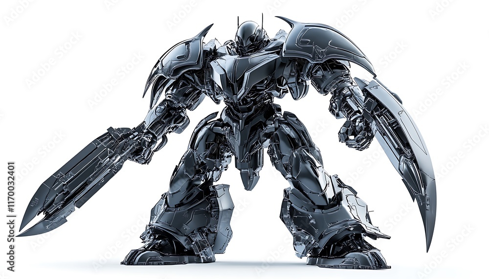 Poster a futuristic black robot with sharp blades, showcasing advanced design and technology.
