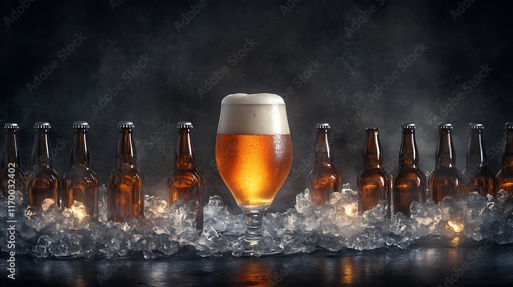 Poster a frothy beer glass surrounded by ice and bottles, creating a refreshing scene.