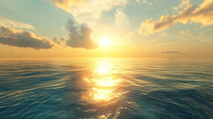 Obraz premium Stunning wide-angle ocean view with a golden glow reflecting off the waves, the interplay of light and shadow creating a mesmerizing summer vista