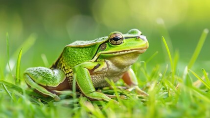 Fototapeta premium European tree frog sitting on hay against a clear green background, AI generated image