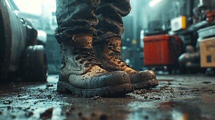A low-angle view of oil-splattered boots with heavy wear on a dusty concrete floor, blurred car parts and a toolbox in the background, moody lighting with subtle reflections, vivid realism,
