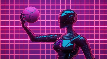 Futuristic Robot Holding Ball in Neon Grid Background