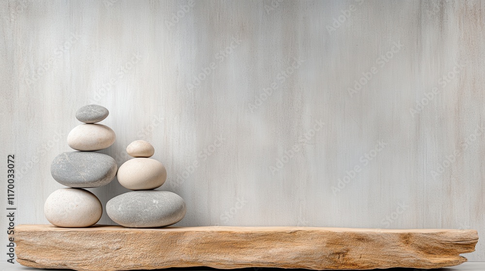 Poster balancing stone stack on wooden surface: harmony and serenity in minimalist design