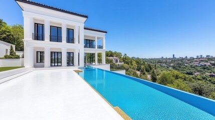 Fototapeta premium Luxurious modern mansion with infinity pool overlooking cityscape