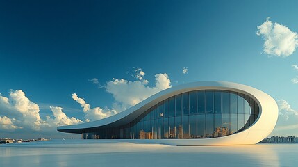 Obraz premium Modern Curvilinear Building Under a Blue Sky