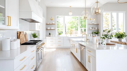 Bright, spacious kitchen with white cabinets, quartz countertops, and gold hardware. Sunlight streams through large windows.