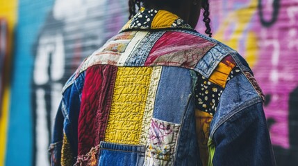 Upcycled fashion showcasing patchwork denim and recycled materials styled on urban models in vibrant city backgrounds with graffiti and modern architecture