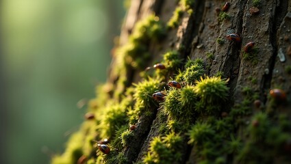 Obraz premium Close-up of tree bark with moss and tiny insects, showing intricate details and textures in a realistic macro shot.