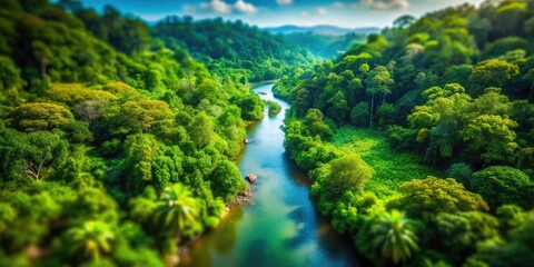 Miniature rainforest: Tilt-shift drone photography captures a winding river snaking through a vibrant, verdant jungle canopy.