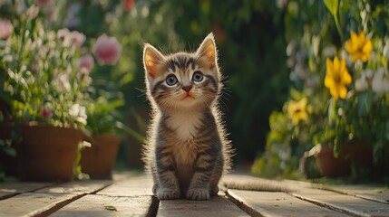 Obraz premium Adorable kitten looking up at flowers in a garden setting.
