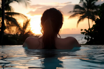 Fototapeta premium A woman, basking in warm glow of a golden sunset, reclines by crystal-clear pool in a luxurious beachfront resort.