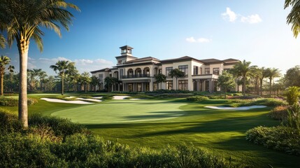 Wide-angle perspective of a luxurious golf club building, framed by lush gardens and endless fairways, standing tall against the vivid blue sky