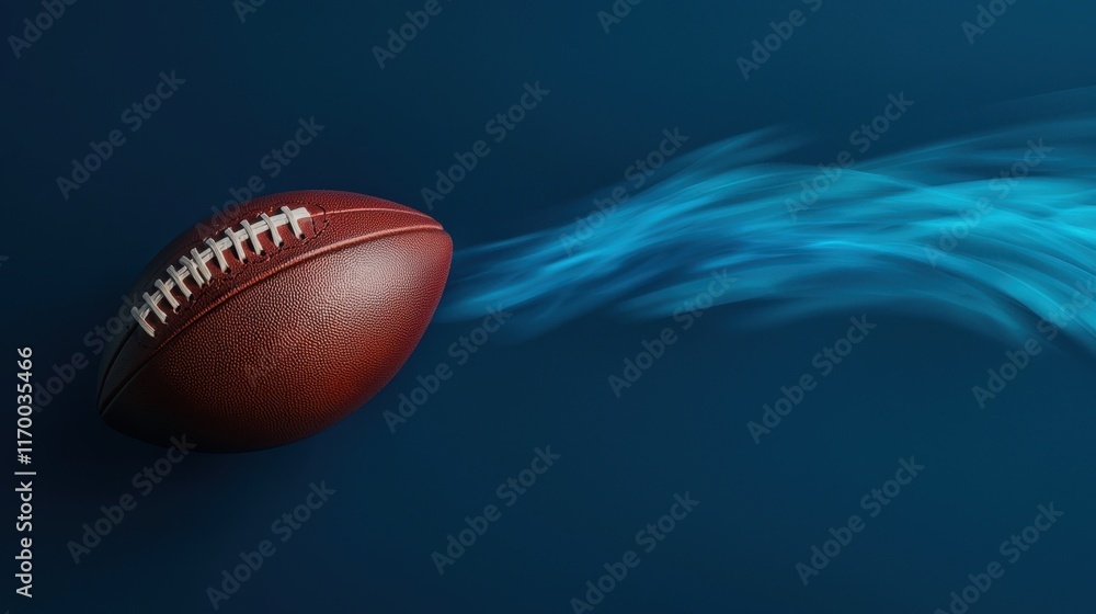 Poster dynamic motion of a football with blue swirl on dark background