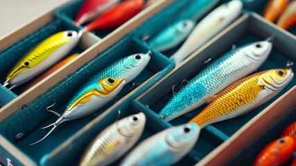 Colorful Wooden Box of Fishing Lures Tackle for Angling Enthusiasts and Outdoor Hobbyists, Showcasing Various Designs and Bait Options for Every Fisherman.