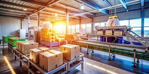 Naklejka premium Dynamic landscape photography captures rapid-fire automated packaging of plastic and cardboard.