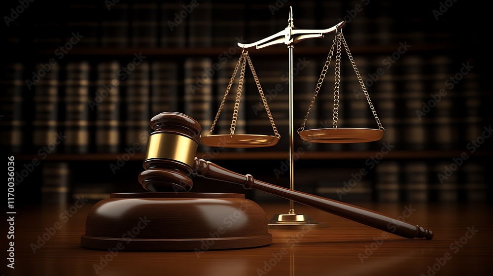 Poster a gavel rests on a sound block beside a balanced scale, symbolizing justice.