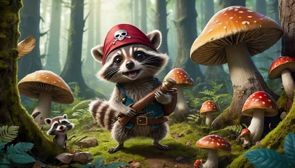 A cute cartoon raccoon pirate in a whimsical forest setting with mushrooms, holding a musical instrument.