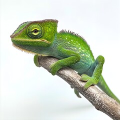 Obraz premium A vibrant green chameleon perched on a branch, showcasing its unique coloration and texture.