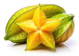 Fototapeta premium High-DOF food photography showcases a single, perfectly fresh star fruit against a stark white backdrop. High-resolution detail.