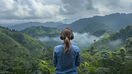Naklejka premium Woman enjoying nature with headphones on.