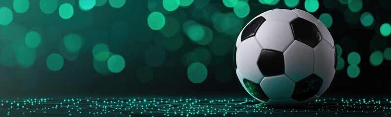 Naklejka premium Soccer Ball on Shimmering Green Background with Soft Focus Effects
