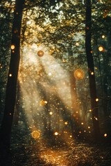 Sunlit path through misty forest with sparkling fairy lights on ground and in air