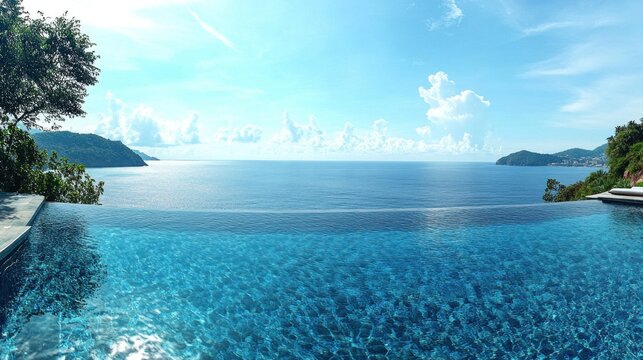 Wide-angle view of a luxury resort's infinity pool, its waters shimmering under clear skies, with panoramic vistas of the vibrant azure ocean