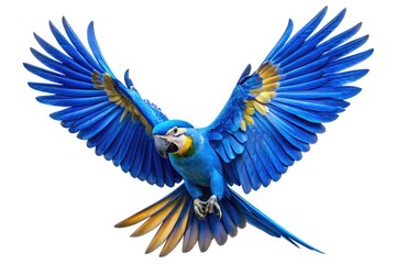 Fototapeta premium Isolated PNG of a majestic blue macaw with open wings, soaring in high-resolution detail.