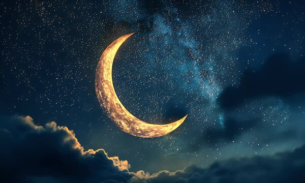 Glowing crescent moon in a starry night sky with clouds.