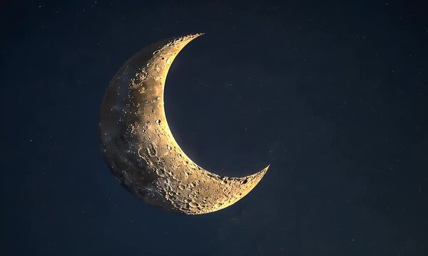 Golden crescent moon in dark night sky with stars.