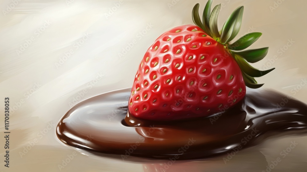 Poster fresh red strawberry resting in a rich pool of chocolate sauce on a soft white background with gloss