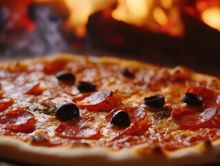 Close-up of a mouthwatering pizza with pepperoni, black olives, and melted cheese. The heat of the open fire oven can be seen in the background.