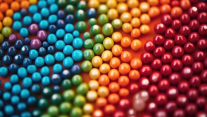 Colorful candy beads background, close-up of colorful candies in various colors arranged to create an abstract pattern.