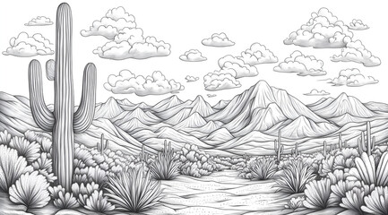 Black and white vector drawing of the Arizona desert, featuring cacti, mountains, rocks, and sand dunes. 