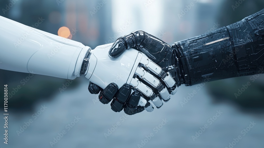 Poster robot handshake symbolizing collaboration between humans and machines