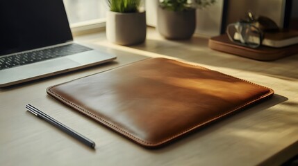 Elegant Brown Leather Laptop Sleeve on Modern Workspace Desk