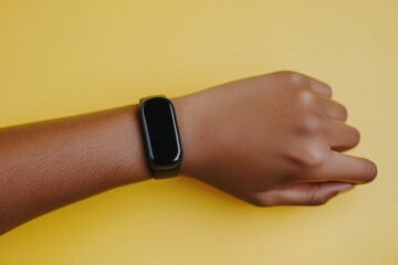 Black Fitness Tracker on Brown Skin Against Vibrant Yellow Background