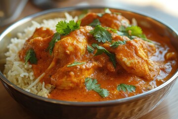 Fototapeta premium Delicious Indian chicken curry served over white rice, garnished with cilantro and topped with garlic. The warm dish is rich in spices like cumin and garlic, evoking a bold flavor profile.