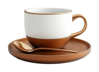 A white coffee cup with a gold rim sits on a brown plate. A spoon is placed next to the cup
