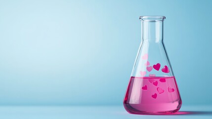 Pink liquid with heart shapes in a chemistry flask on a blue background.
