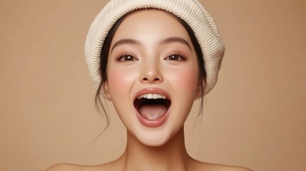 The image features a woman with radiant skin, wearing a beige face mask. She is posing for the camera with an open-mouthed smile, conveying happiness and wellness.