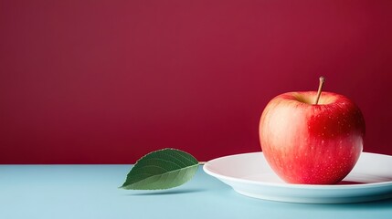 A red apple on the table, with a white plate underneath and a leaf next to it, against a solid-color background.