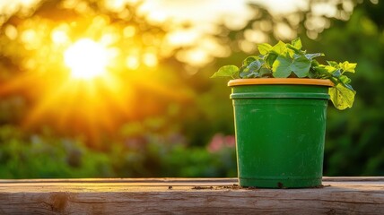 Green pot with plants basking in warm sunlight on a wooden surface.