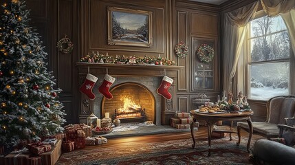 Obraz premium classic fireplace surrounded by stockings, a Christmas tree, and a table with holiday cookies