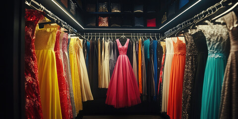 A closet full of dresses with colorful dress hanging out of the closet